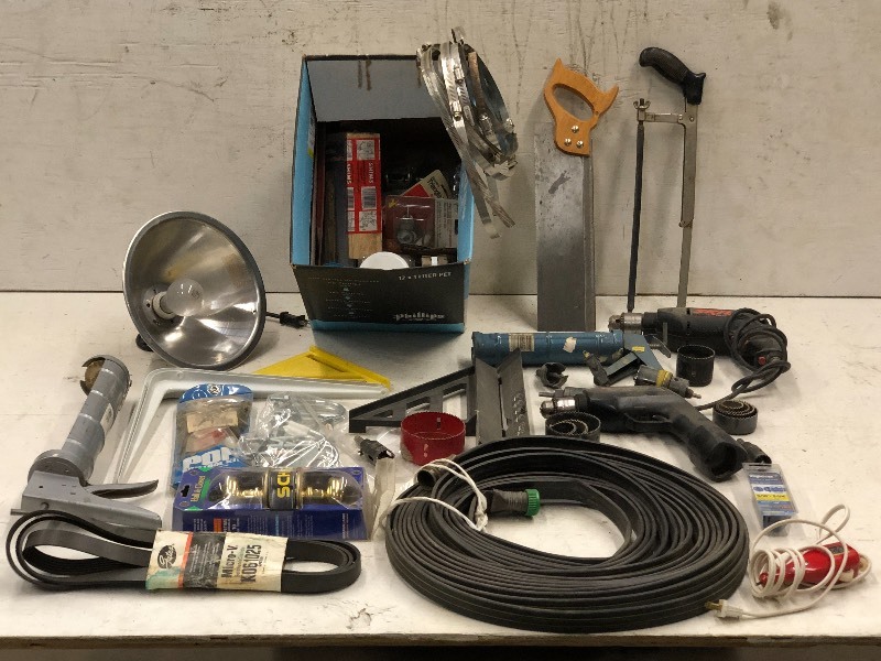 lot 101 image: Assorted Hand Tools, Garden Hose, Work Light, Hose Clamps, Etc
