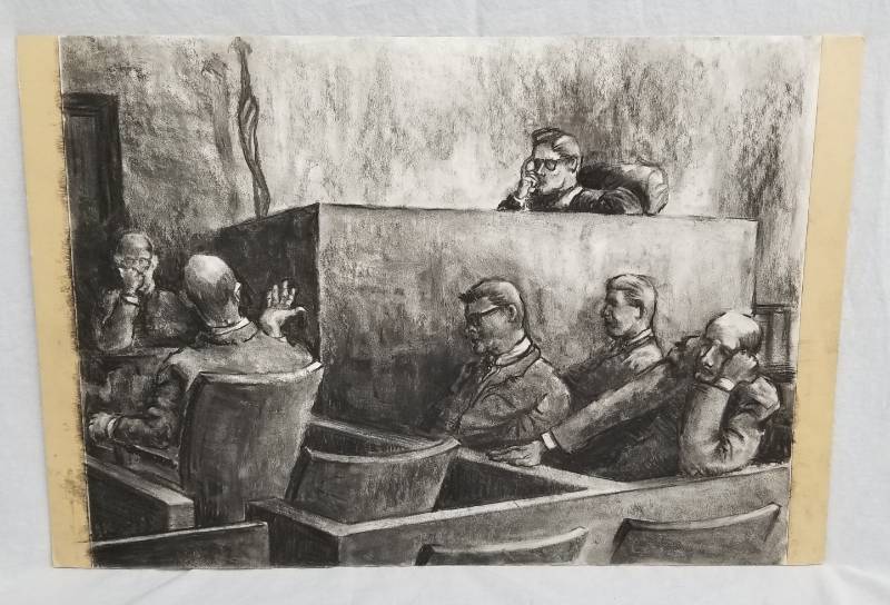 lot 48 image: Lot of 3 Original 1960s Les Anderson Mid Century Courtroom Sketches