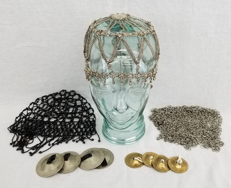 lot 98 image: Lot of Vintage Belly Dance Chain and Beaded Headwear with Finger Cymbals
