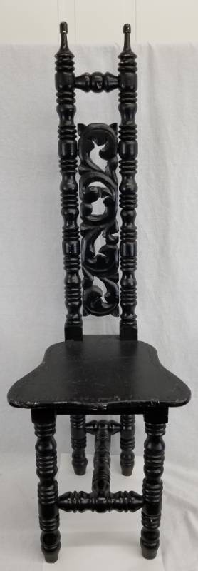 lot 128 image: Antique Gothic Turned Wood Black Lacquer High Back Chair