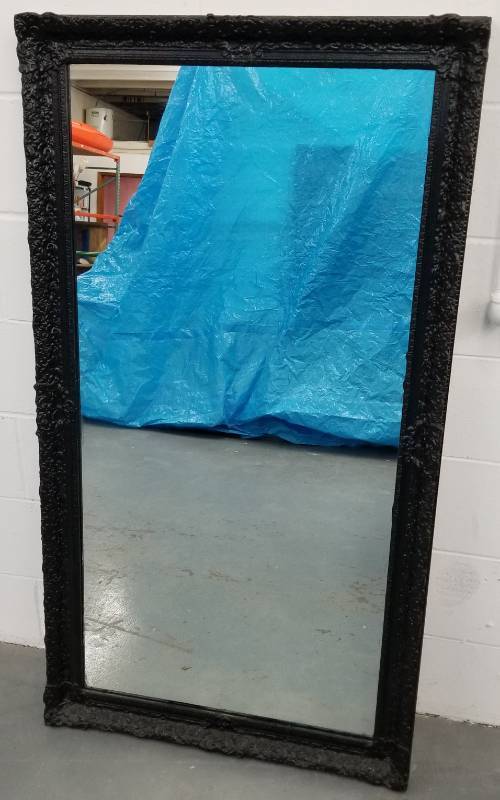 lot 129 image: Large Antique Black Lacquer Wood Framed Rectangular Mirror