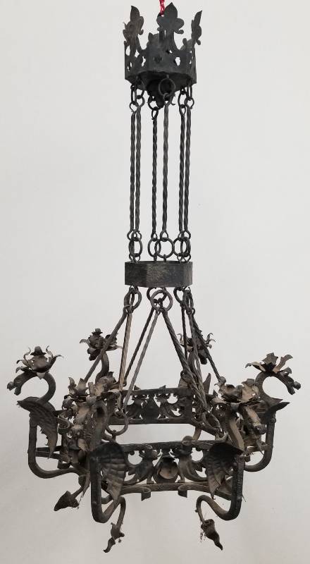 lot 151 image: Large Antique Wrought Iron Forged Dragon Candle Chandelier