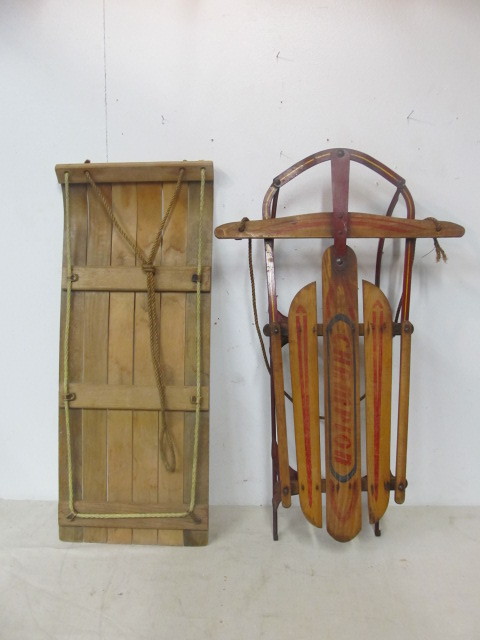 lot 51 image: 2 Vintage Wooden Snow Sleds