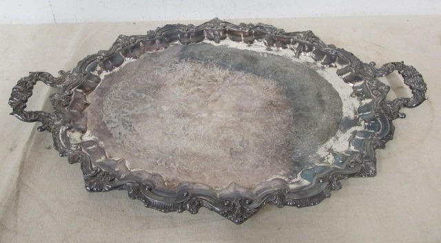 lot 80 image: HUGE Vintage Footed Silverplated Serving Tray