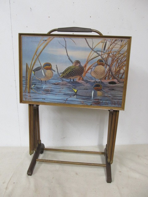 lot 181 image: Vintage Mid Century Wildlife Tray Table Set wStorage Rack