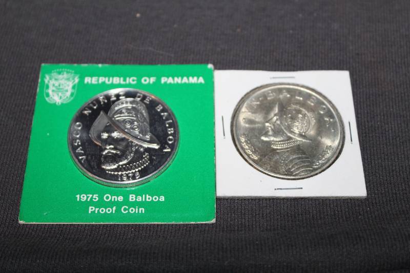lot 169 image: Lot of (2) Panama Balboas and (7) English Related Coins