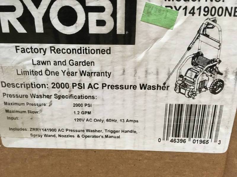 lot 2 image: Ryobi Reconditioned 2,000 PSI 1.2 GPM Electric Pressure Washer