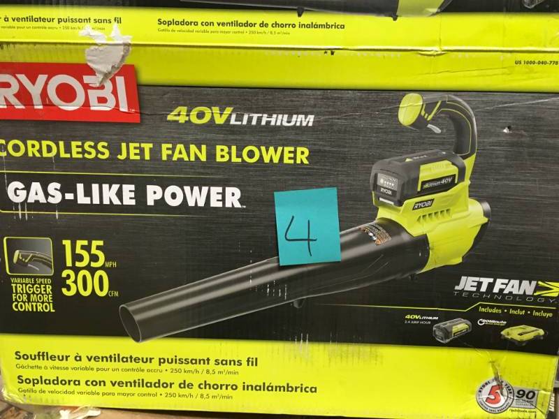 lot 4 image: Ryobi 155 MPH 300 CFM 40-Volt Lithium-Ion Cordless Jet Fan Blower - TOOL ONLY in like new condition