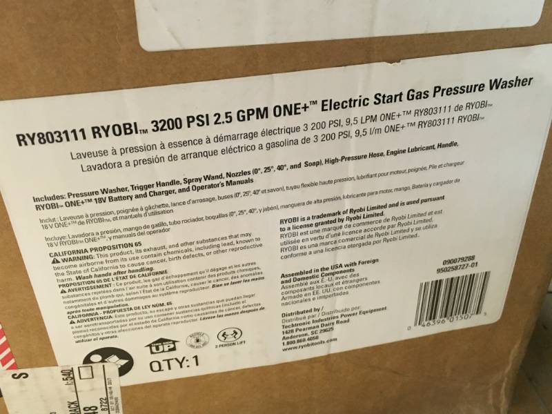 lot 18 image: Ryobi 3,200 PSI 2.5 GPM ONE 18-Volt Electric Start Gas Pressure Washer not used