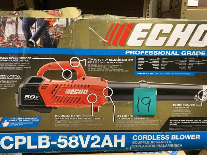 lot 19 image: ECHO 145 MPH 550 CFM Variable-Speed Turbo 58-Volt Brushless Lithium-Ion Cordless Blower 2.0 Ah Battery and Charger Included not used