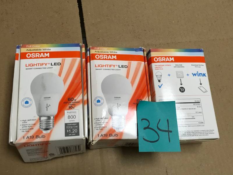 lot 34 image: LOT OF 3 Lightify 60W Equivalent Multi-Color and Tunable White A19 Dimmable Smart LED Light not used