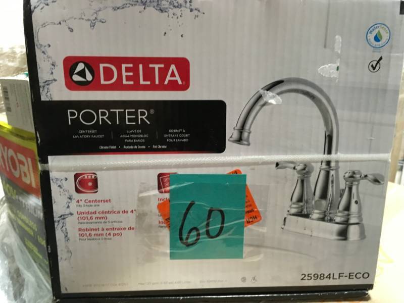 lot 60 image: Delta Porter 4 in. Centerset 2-Handle Bathroom Faucet in Chrome not used