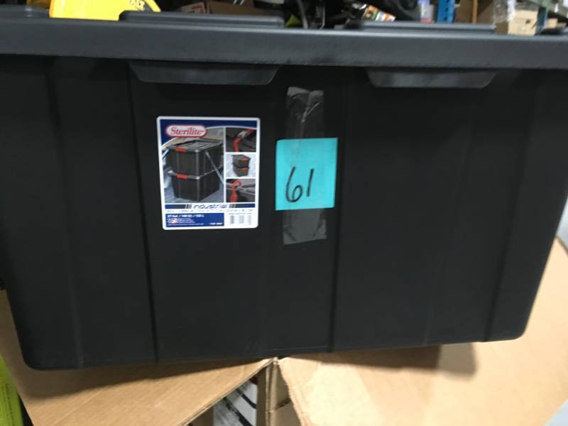 lot 61 image: Sterilite 27 Gal. Industrial Storage Tote in Black not used