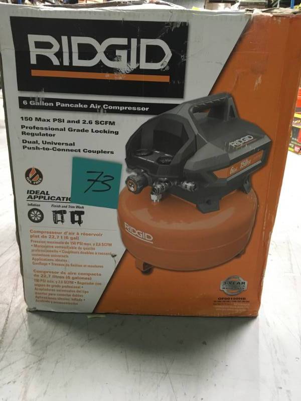 lot 73 image: RIDGID 6 Gal. Portable Electric Pancake Air Compressor used in working condition