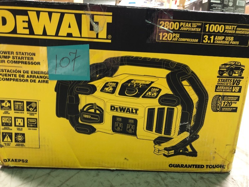 lot 107 image: DEWALT 2800 Peak Amp Jump Starter 1000-Watt Power Inverter with Digital Compressor IN GOOD CONDITIONS