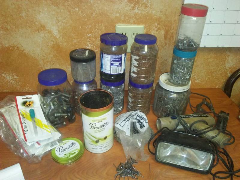lot 58 image: Nails, Bolts, Cement Tools, metal box and more