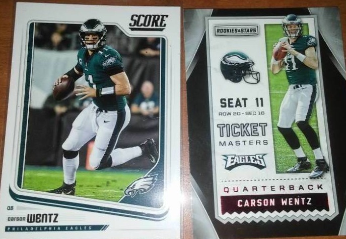 lot 57 image: 2 Carson Wentz rookie season card, NDSU Bison, Philadelphia Eagles, NFL.