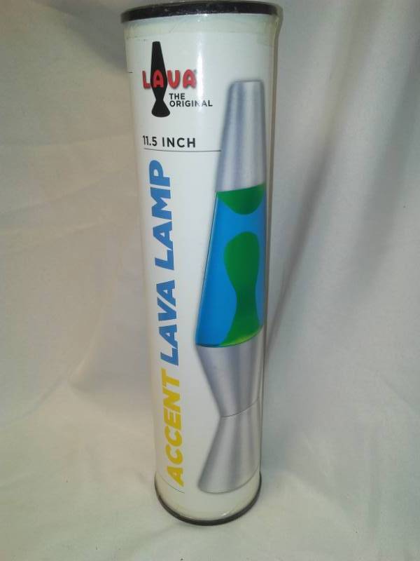 lot 170 image: Yellow green  blue lava lamp NEW in box, 11.5 in tall.