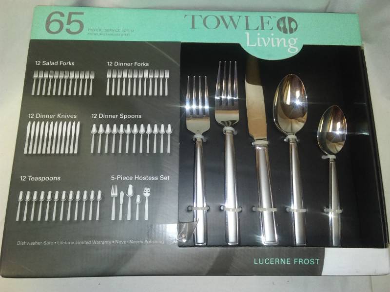 lot 201 image: NEW Towle 65 piece silverware set Lucerne Frost.