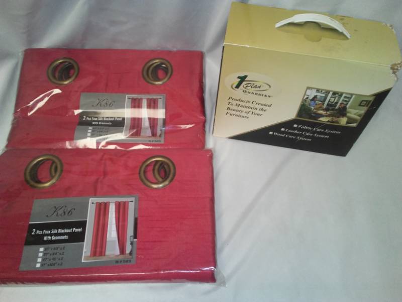 lot 209 image: Two new drapes and fabric care kit. See pictures for sizes.