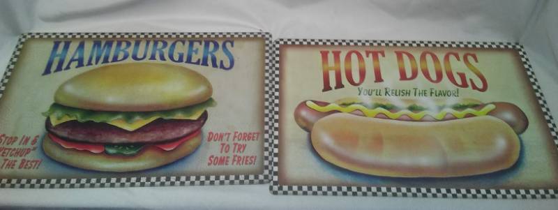 lot 215 image: Hamburger or hotdog metal signs, new.