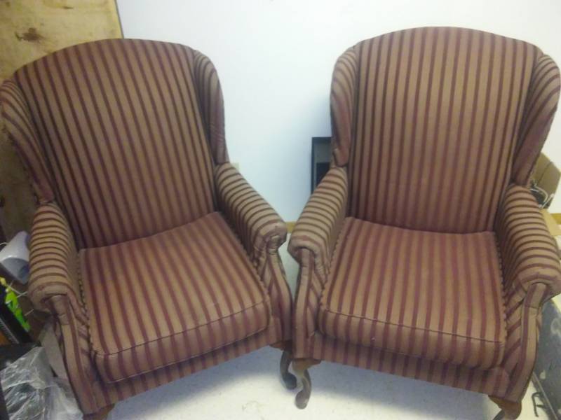 lot 225 image: Two wingback chairs, striped,