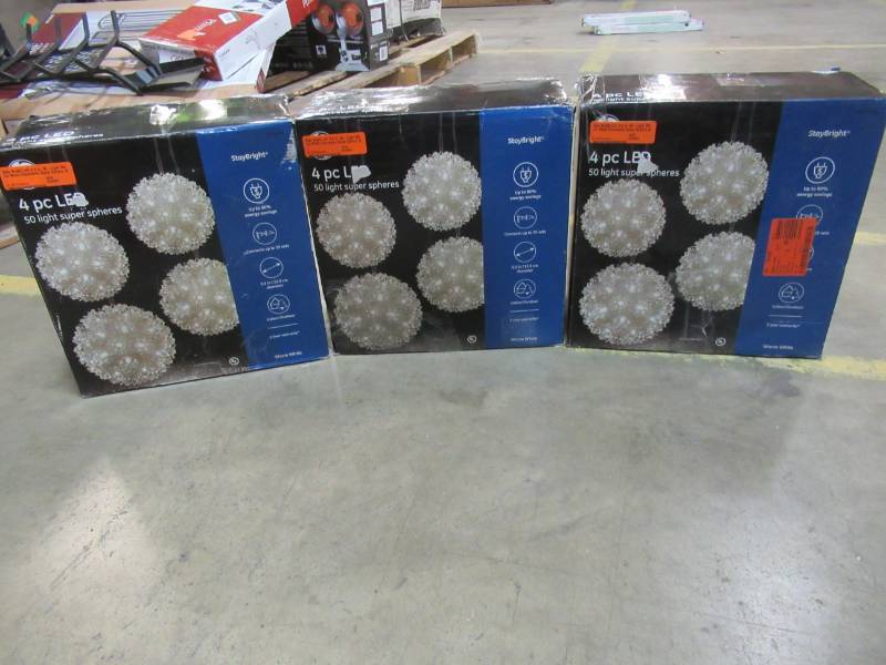 lot 99 image: 3 Boxes of GE Stay Bright LED 5.5 in. 50-Light Warm White Decorative Super Sphere (4-PiecesBox)