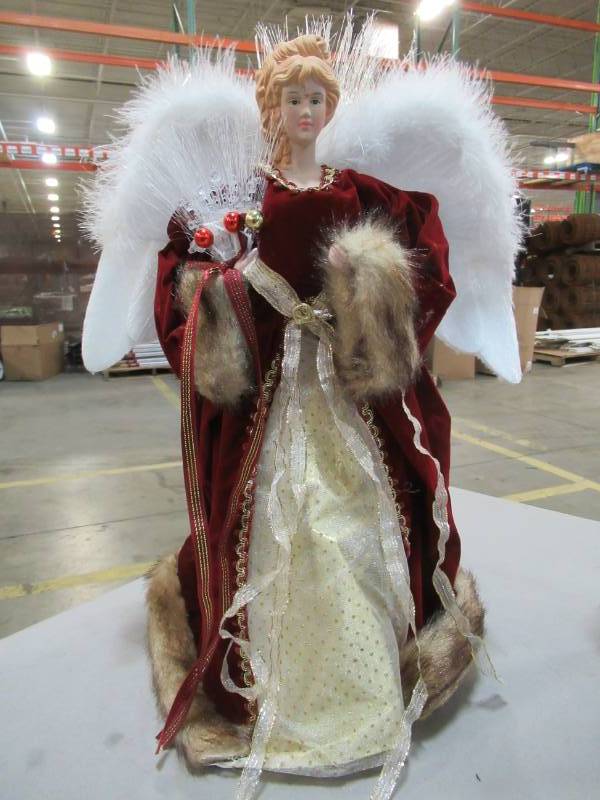 lot 280 image: Home Accents Holiday 18 in. LED Fiber Optic Angel With Red and Gold Gown With Fur Trim A-7070C