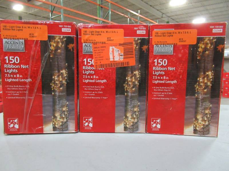 lot 178 image: 3 Boxes of Home Accents Holiday 150-Light Clear 8 in. W x 7.5 ft. L Ribbon Net Lights, TY059-1616C