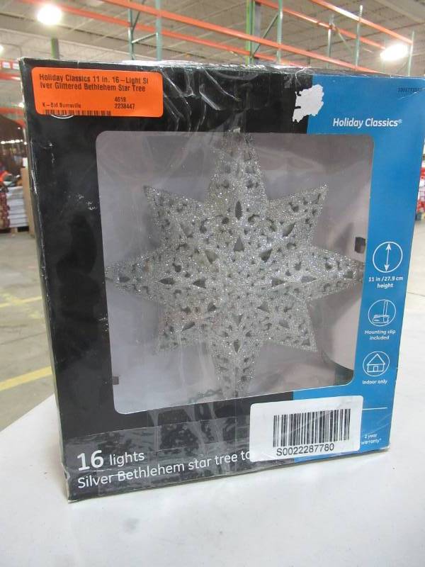 lot 263 image: GE Holiday Classics 11 in. 16-Light Silver Glittered Bethlehem Star Tree Top, 71080HD