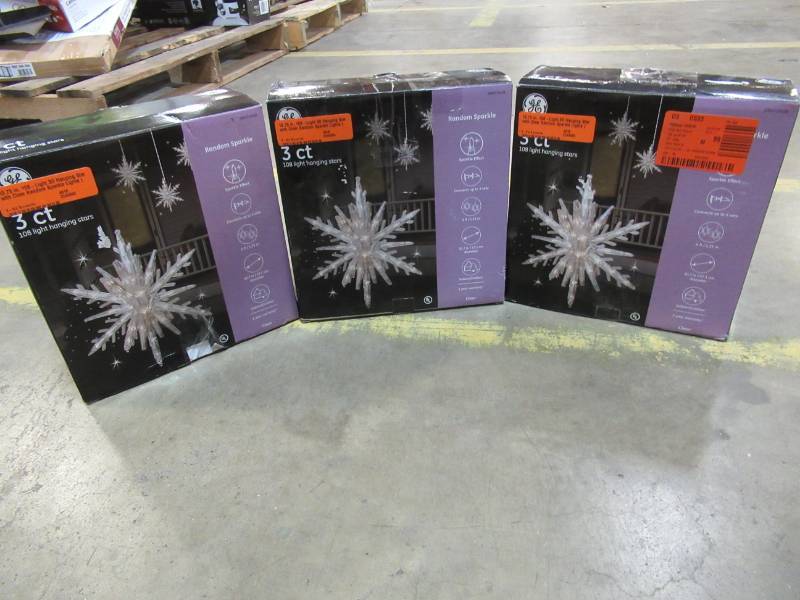lot 98 image: 3 Boxes of GE 10.75 in. 108-Light 3D Hanging Star with Clear Random Sparkle Lights (each box contains 3-Pieces)