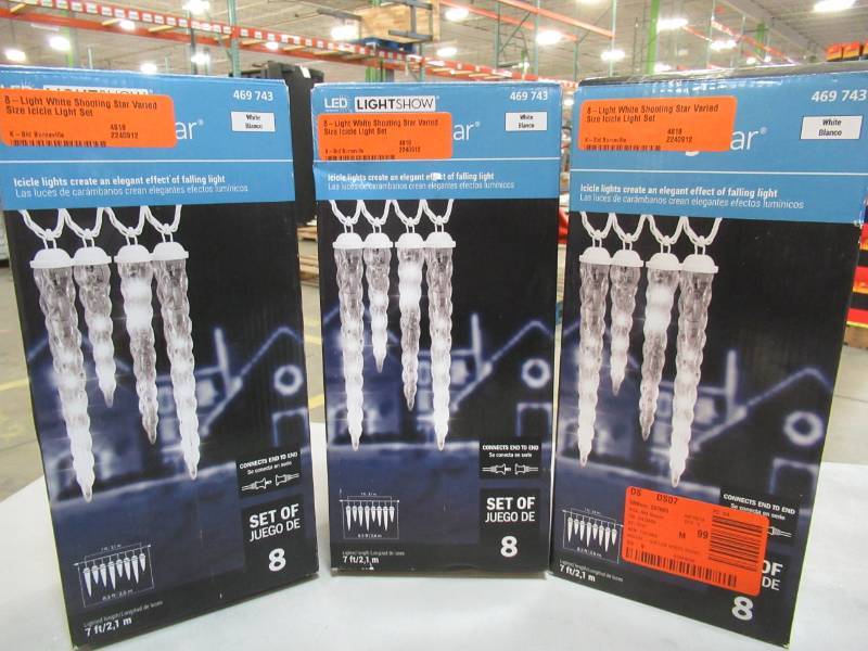 lot 132 image: 3 Boxes of Lightshow 8-Light White Shooting Star Varied Size Icicle Light Sets, 85687
