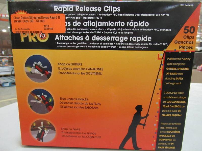 lot 230 image: 7 Boxes of No Ladder Pro Clear GutterShinglesEaves Rapid Release Clips (50-Count), 74029-50CHO
