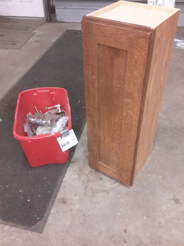 lot 630 image: 1 Wooden Cabinet, 1 Box of Miscellaneous Door Hardware
