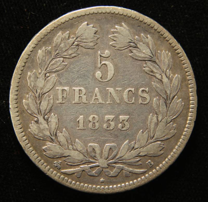 1833 FRANCE SILVER 5 FRANCS VF