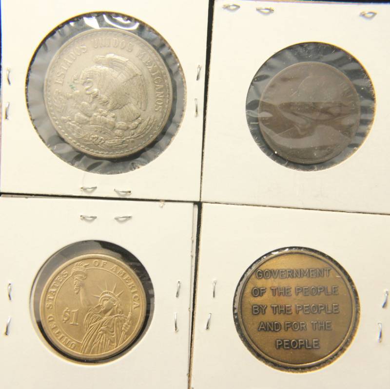 GROUP OF 4 COINS-MEDALS-TOKENS AS PICTURED