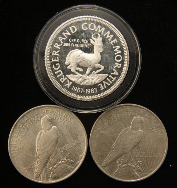 1 TROY OZ. .999 FINE SILVER KRUGERRAND COMMEM & 2 PEACE SILVER DOLLARS