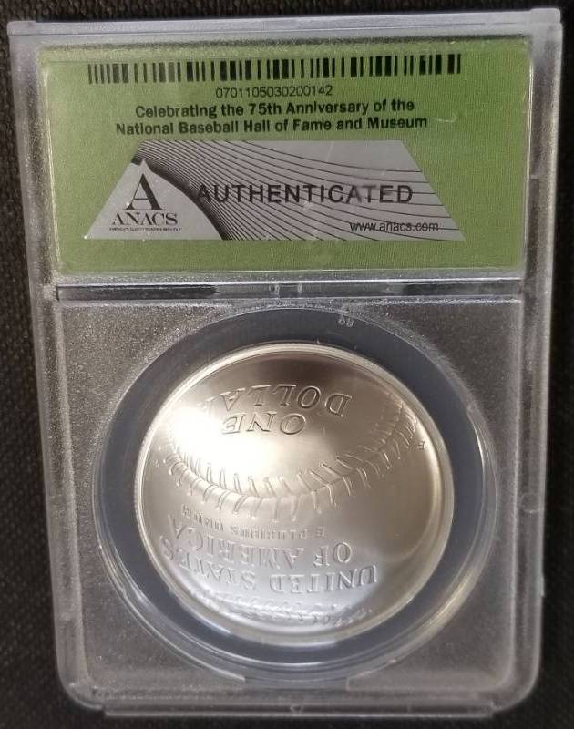 2014-P US NATIONAL BASEBALL HALL OF FAME CURVED SILVER DOLLAR MS69 ANACS 1ST DAY OF ISSUE