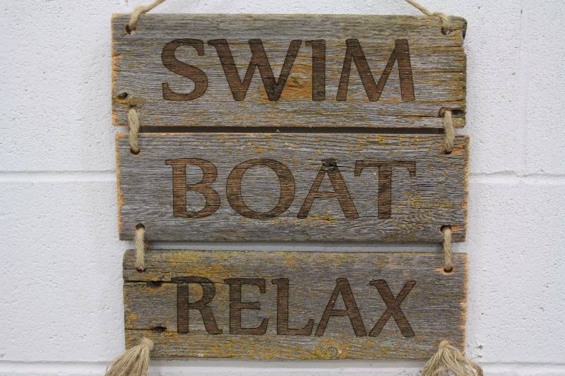 lot 33A image: Handmade  Swim, Boat, Relax Wood Decor Sign