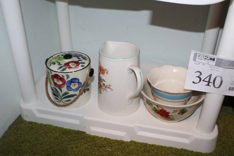 lot 340 image: American Artware Glassware, Porcelain Pitcher, Bowls, Cookie Jar