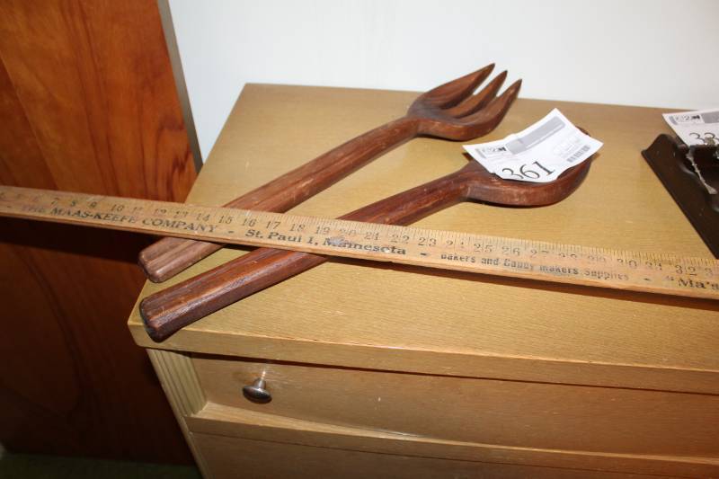 lot 361 image: Wood Fork and Spoon Cutlery Wall Decor, Wood 36in. Yard Stick