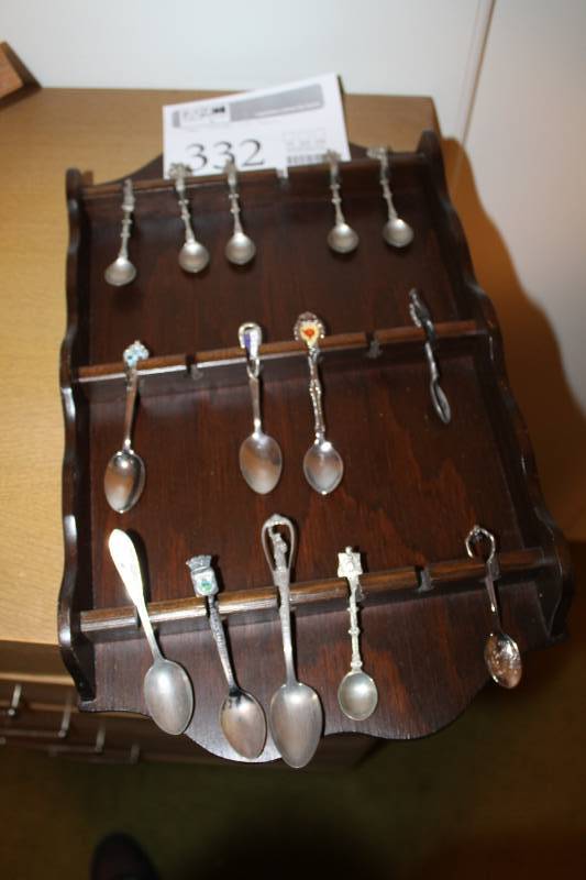 lot 332 image: Spoon Collection with Wood Wall-Mount Spoon Display Rack