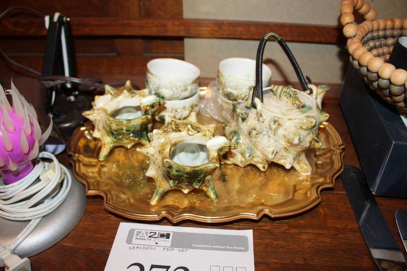 lot 273 image: Seashell Tea Set - Pitcher, Servers, Cups, Tray