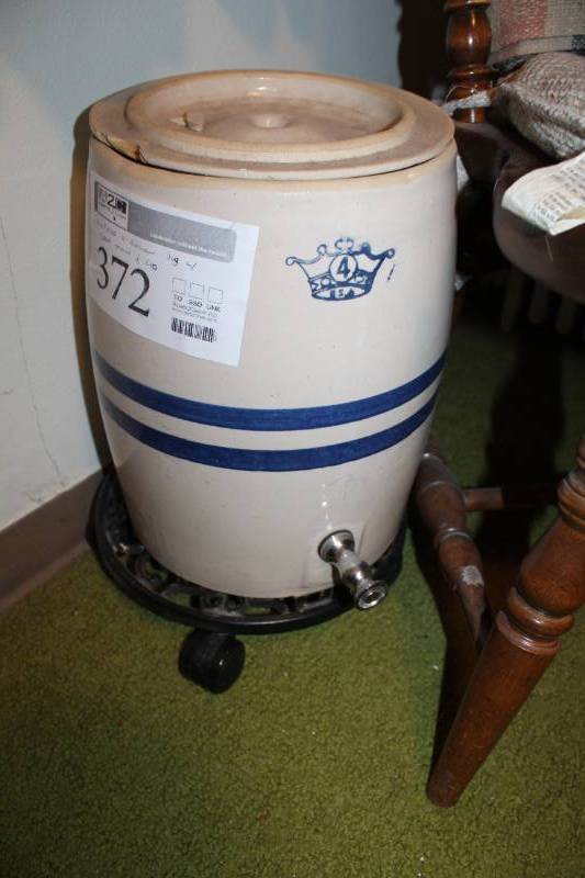 lot 372 image: Vintage 4-Gallon Water Jug with Pour Spout, Stand, Lid