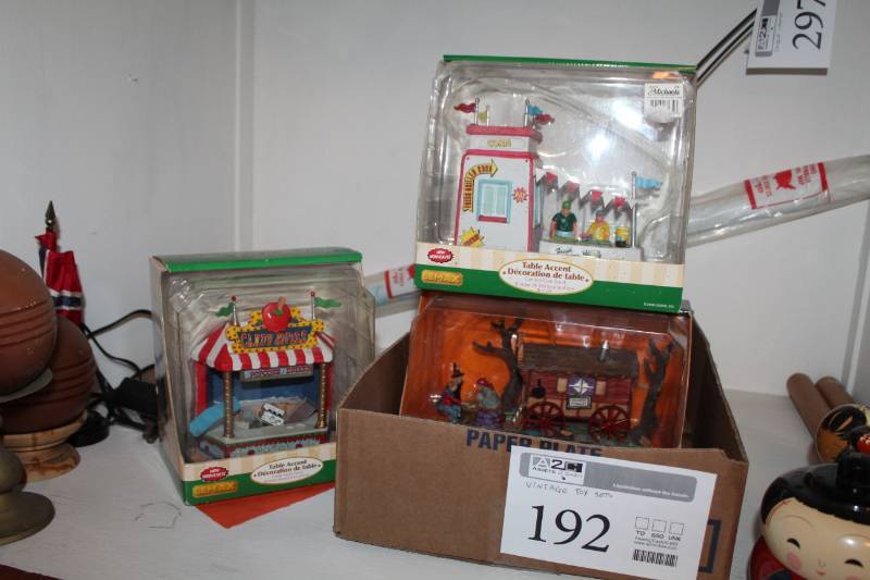 lot 192 image: Vintage Table Decor Sets - LeMax Village Collection Popcorn, Carnival Corn Stand Table Dcor, Gypsy Wagon