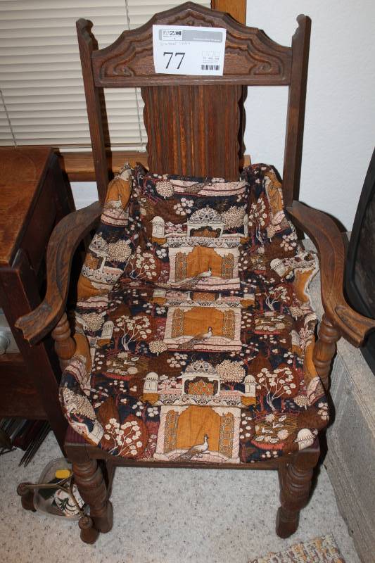 lot 77 image: Vintage Decorative Wood High-Back Living Room Chair