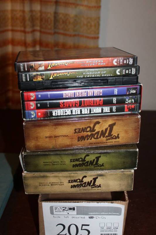 lot 205 image: DVDs - Indiana Jones Vol 123RaidersCrystal Skull, Clear and Present Danger, Patriot Games, Hunt For Red October