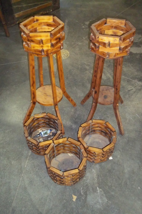 lot 19 image: 2 Plant stands and 3 Hanging Baskets