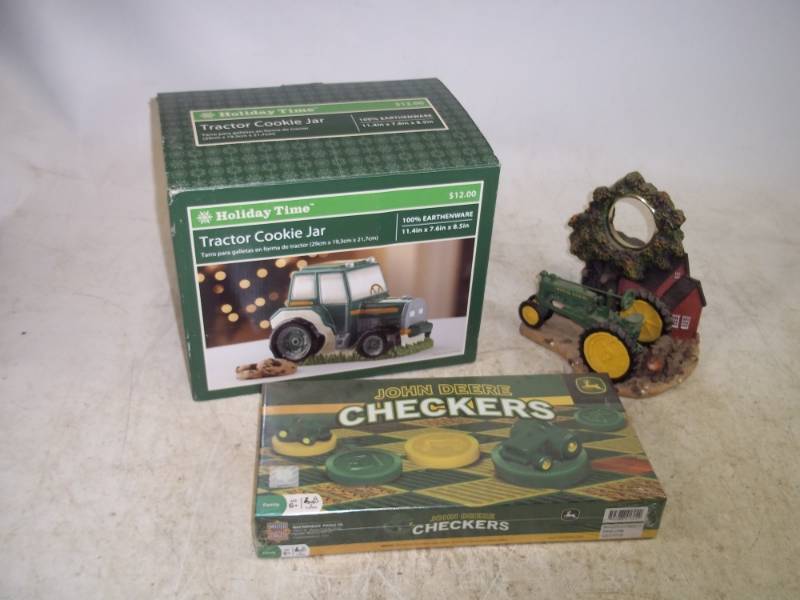 lot 99 image: Sealed John Deere Checkers game with cookie jar and John Deere Dcor