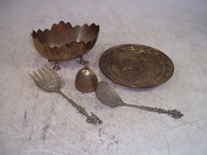 lot 112 image: Brass Bowl, Spoon and Fork, Bell and dcor plate